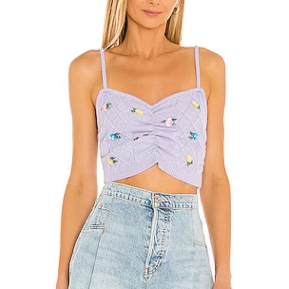 For Love And Lemons Purple Ruched Embellished Crop Top
